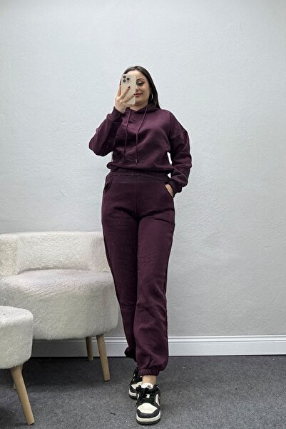BELENDİR Women's Three Thread Crop Tracksuit Set Plum