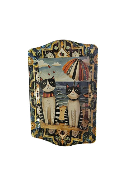 Generic Brand Tavă Pisicuțe pe plajă, Pentru cafea, Metal, 25x17 cm