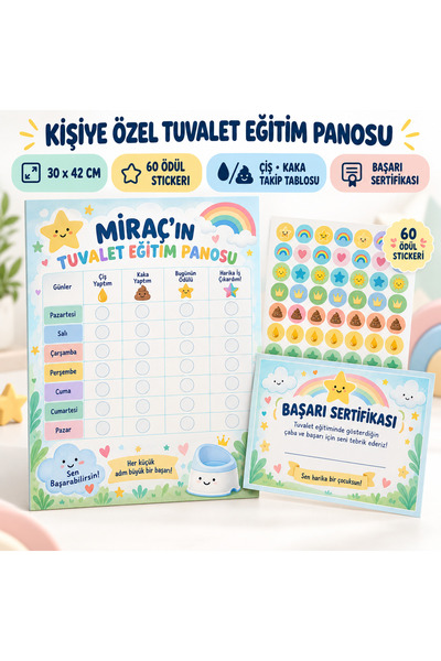Pass Pano Kişiye Özel Tuvalet Eğitim Panosu 30 × 42 cm | 60 Ödül Stickerlı Çi...