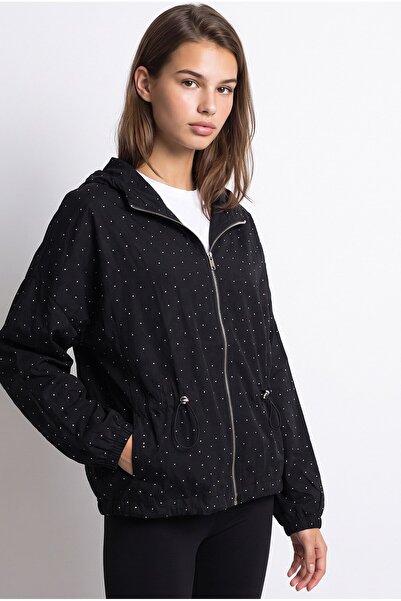 Mixray 2237 Stoned Adjustable Drawstring Hooded Zippered Jacket Black