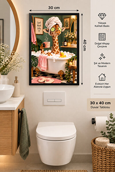 Zürafalı Banyo Tablosu Siyah Çerçeveli Eğlenceli Dekoratif Duvar Tablosu 30x40 cm