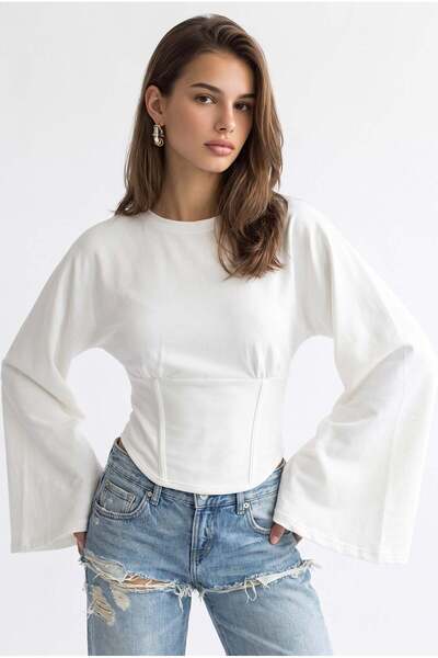Mixray 2238 Corset Detailed Spanish Sleeve Blouse White
