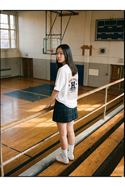Oversize Baskılı Unisex Tişört High School 90 beyaz