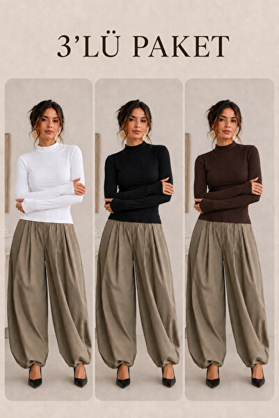 COMBİNE MİCHAİL Women's Half-Throat Slim Basic 3-Piece Blouse