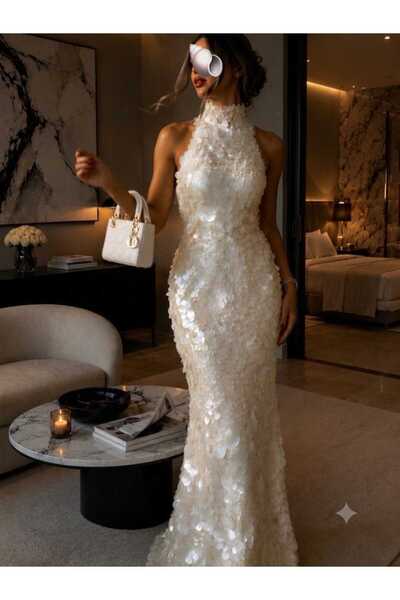 BLOMO High Neck Sleeveless Long Evening Dress with Circular Pearl Sequins