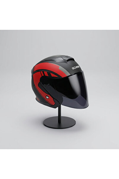 scharf 528 Siyah Vizörlü Yarım Motosiklet Kaskı - Güneş Camlı Açık Kask (R1 RED)