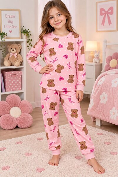 Kız Çocuk %100 Pamuklu Pembe Ayıcık Desenli Uzun Kollu Pijama Takımı