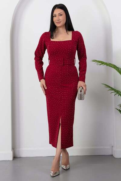 PULLIMM Square Neckline Front Slit Stoned Dress 2026-5004