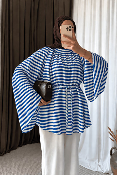Hepsi Moda İspanyol Kol Kalın Çizgili Oversize Tunik - Mavi