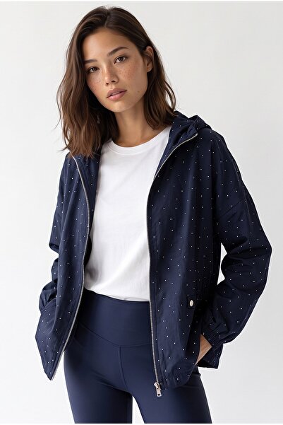 Mixray 2237 Stoned Adjustable Drawstring Hooded Zippered Jacket Navy Blue
