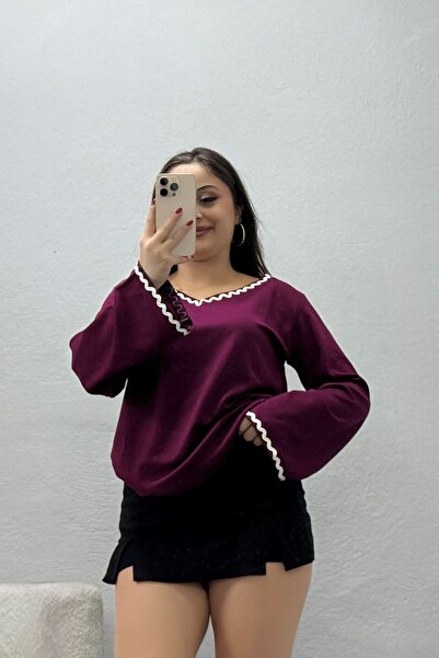 BELENDİR Women's Kimono Sleeve V-Neck Modal Blouse with Piping Detail, Plum