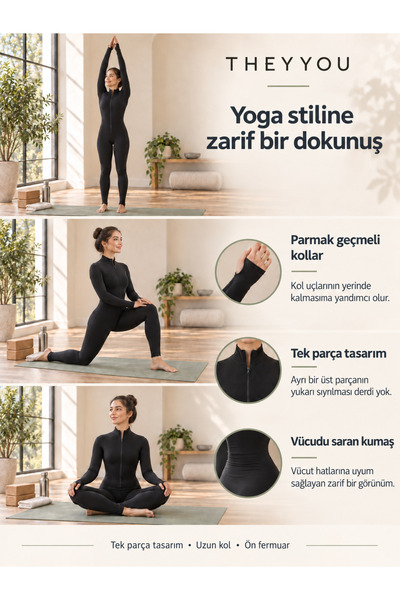Zula Moda Kadın Yoga Pilates Tulumu Fermuarlı Parmak Geçmeli Uzun Kollu Spor ...