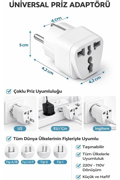 KHİ-ZAİ Universal Priz Adaptörü Seyahat Tipi Çoklu Girişli Fiş Dönüştürücü EU US UK AU Uyumlu 220V 110V Dönü