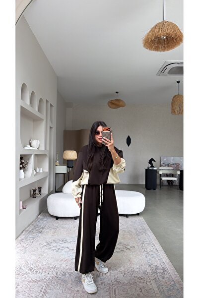 Buket Teke Brown Garnished and Striped Modal Premium Suit