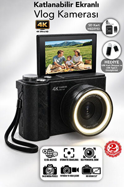 mimtec Katlanabilir Ekranlı Kamera - 4K Ultra HD 2 MP Fotoğraf Video Çekme 12...