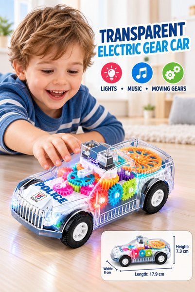 Toy Factory Transparent Electric Police Gear Car Toy with Colorful Moving Gea...
