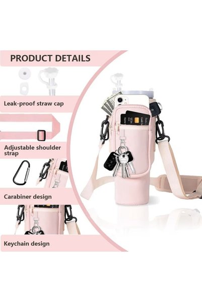 OEM Husă pentru pahar, compatibilă cu recipiente de până la 1180 ml, compartiment pentru telefon, curea reglabilă, neopren, Roz