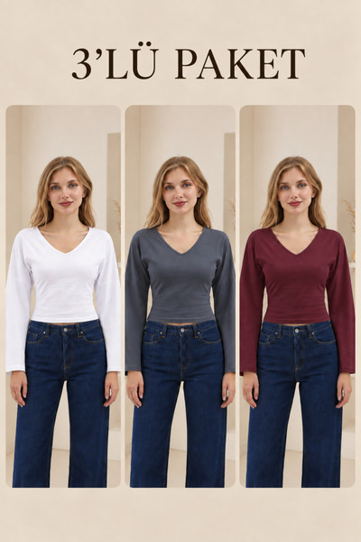 COMBİNE MİCHAİL Women's V-Neck Long Sleeve Tight 3-Piece Blouse