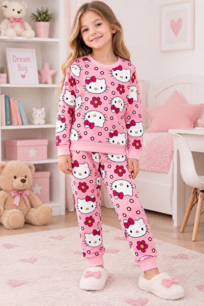 Kız Çocuk Pamuklu Pembe Sevimli Karakter Desenli Uzun Kollu Mevsimlik Pijama Takımı