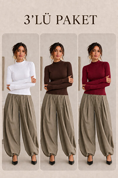 COMBİNE MİCHAİL Women's Half-Throat Slim Basic 3-Piece Blouse