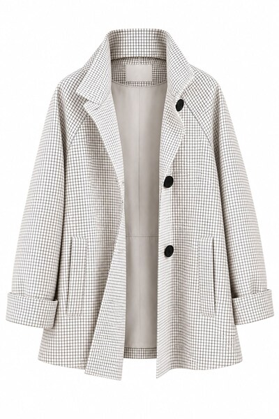 MELEK ARAZ Premium Plaid Stand Collar Button Detail Trench Coat - Ecru