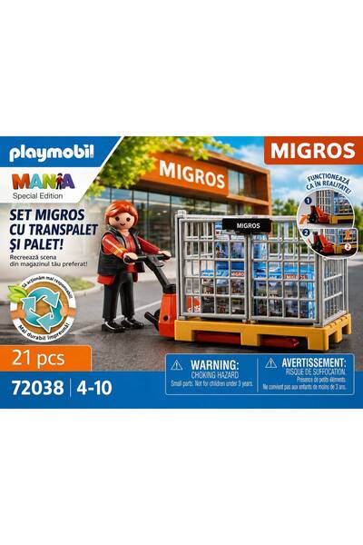 Playmobil Set Mania Migros 72038, lucrător logistic cu transpalet, 21 piese