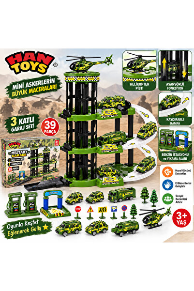 Han toys Askeri Garaj Oyun Seti 39 Parça 3 Katlı Rampalı Araç Otoparkı 3+ Yaş