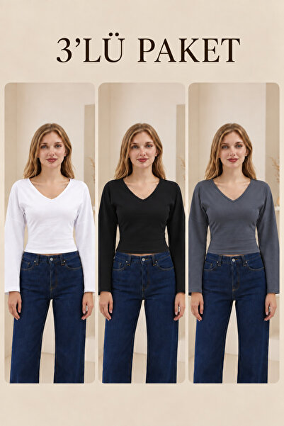 COMBİNE MİCHAİL Women's V-Neck Long Sleeve Tight 3-Piece Blouse