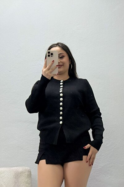 BELENDİR كارديجان نسائي محبوك بأزرار لؤلؤية باللون الأسود