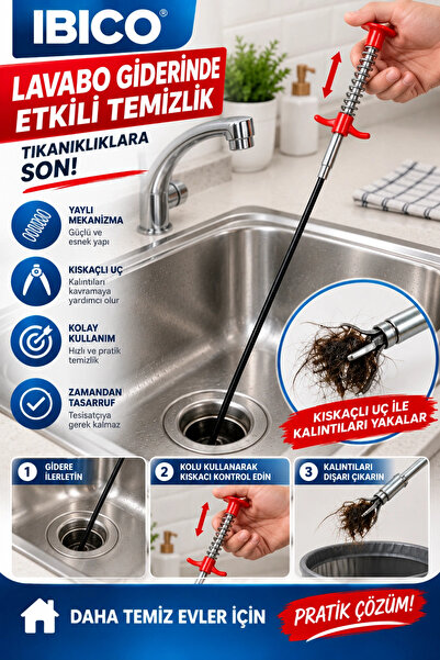 ellante IBICO 300 CM Yaylı Kıskaçlı Lavabo ve Gider Açıcı Temizleme Çubuğu Ka...