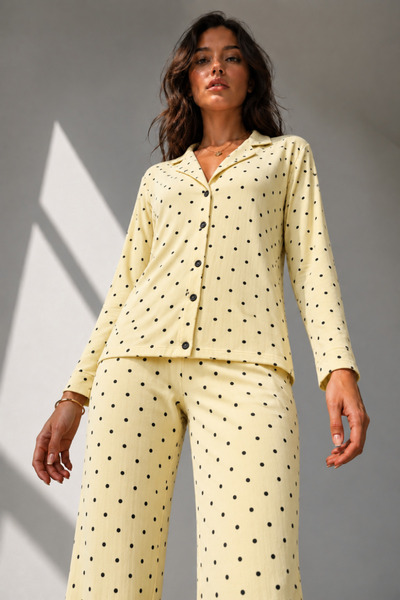 FİT WOMEN Women's Polka Dot Patterned Yellow Pajama Set