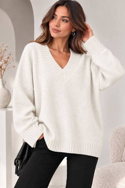 ikomteks Women's Oversize V-Neck Soft Textured Knitwear Sweater