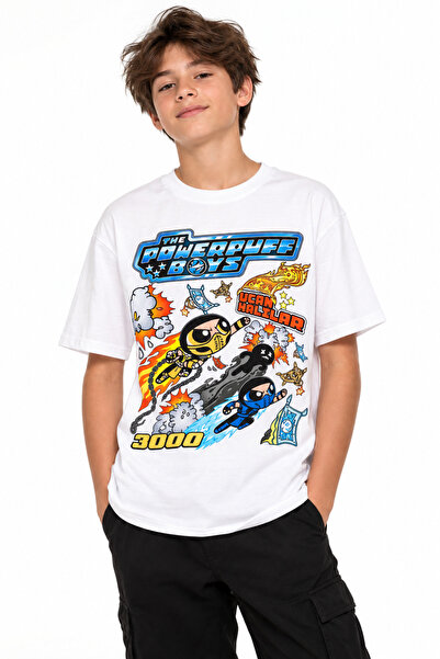 The Powerpuff Boys Baskılı Genç Tişört Aksiyon Karakterli Oversize Kısa Kollu Beyaz T-Shirt