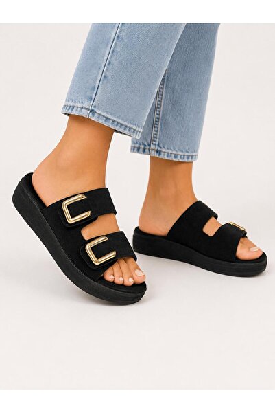 UZN AYAKKABI Women's Black Suede Double-Strapped Gold Buckle Thick Sole Comfo...