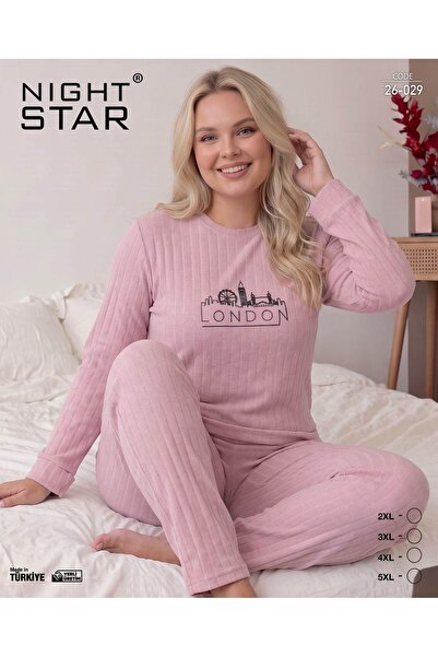 Roma Pamuklu Örme İnterlok London Baskılı Pembe Büyük Beden Pijama Takımı