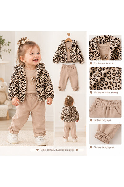 tinymini.co KIZ BEBEK LEOPAR POLAR MONTLU 3^LÜ TAKIM