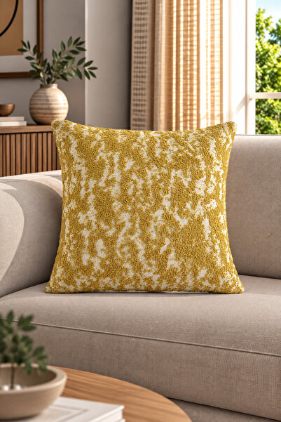 texta home deco Patina Kabartmalı Dokuma Kırlent Kılıfı Hardal - 50x50 cm