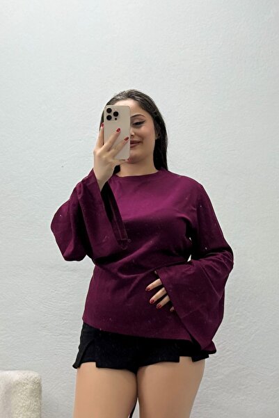 BELENDİR Women's Kimono Sleeve Tie Back Modal Blouse Plum