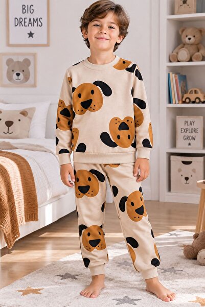 Erkek Çocuk Pamuklu Bej Rengi Sevimli Köpek Desenli Uzun Kollu Mevsimlik Pijama Takımı