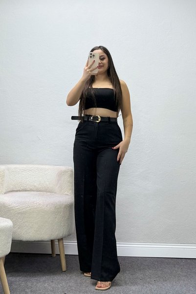 BELENDİR Women's Dabıl Fabric Belted Palazzo Trousers Black