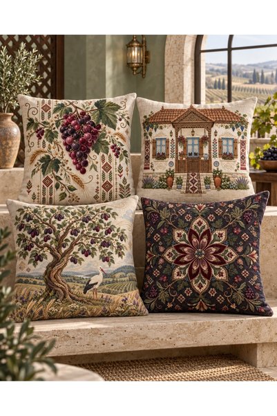menesahome Moldova Themed Grape Patterned Ethnic Embroidery-Looking Digital Printed Set of 4 Gift Throw Pillow Covers