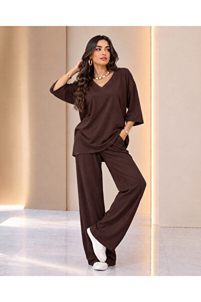 Missrelda Moda Kadın v Yaka Truvakar Kol Bluz ve Pantolon İkili Rahat Kalıp T...
