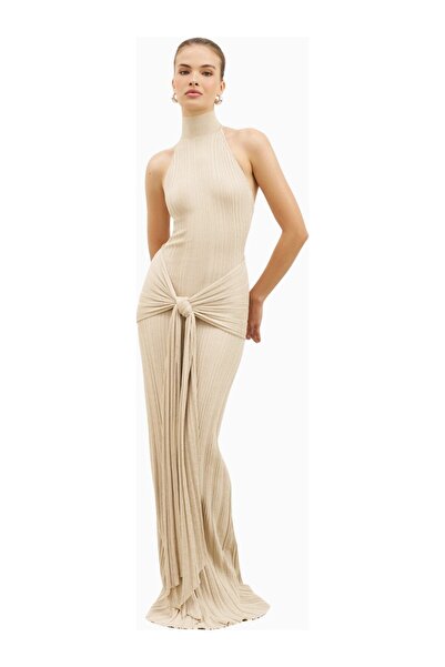 BECAUSE OF ALICE Fine Knit Gathered Halter Neck Maxi Dress Shimmer Ribbed Kni...