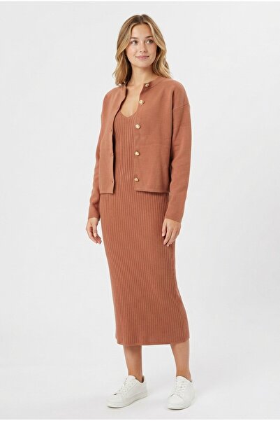 Şeker Portakalım Women's Fititli Zero-Sleeve Knitwear Dress and Buttoned Card...