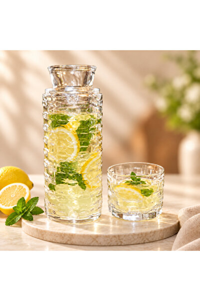 Le murano 700 ml El Yapımı Dokulu Cam Başucu Sürahisi ve Bardak Seti, Komodin...