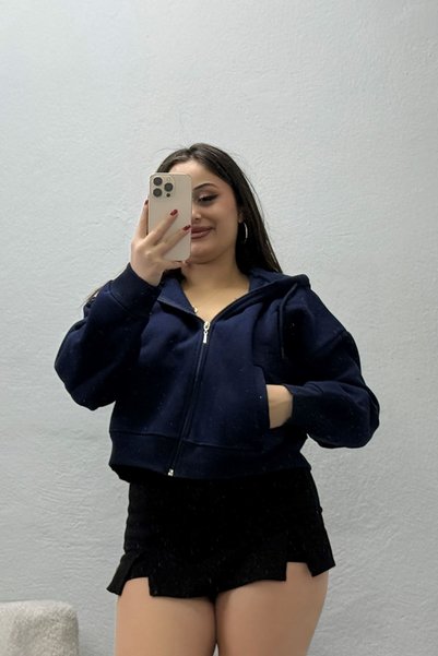 BELENDİR Women's 3 Thread Oversize Zippered Sweatshirt Navy Blue