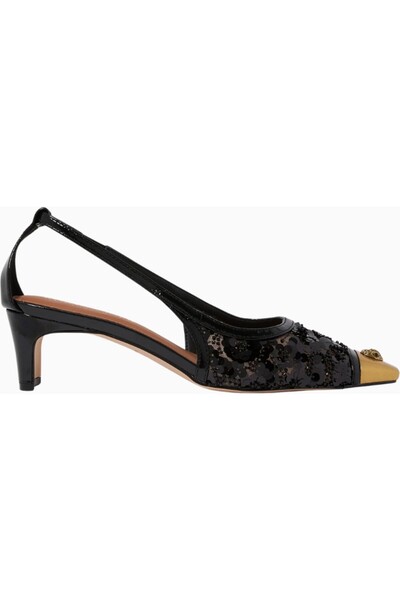 Kurt Geiger Regent 55 Low Open Court Mules, Glitter Black Mesh and Antique Brass