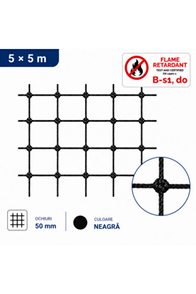 Sae Plasă anti-păsări ignifugă (Negru) 5x5 m cu ochiuri de 50 mm 50510