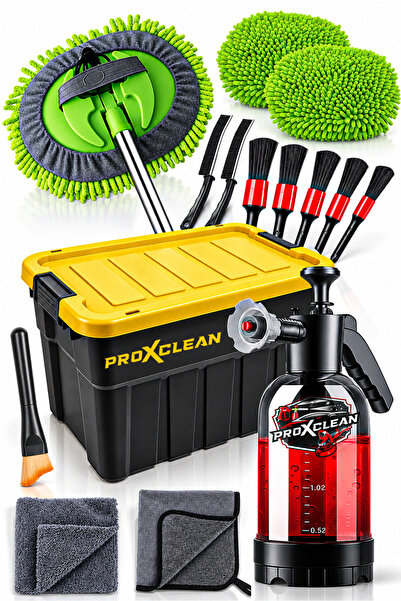 PROXCLEAN 15 Parça Oto Detaylı Temizlik Seti Köpük Pompası Tavan Mop Fırça Bez ve 20LT Saklama Kutusu