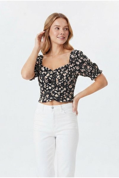 Generic Brand Tricou crop pentru femei, cu imprimeu floral, guler pătrat, cu șnur în față, mânecă scurtă, din material elastic, model elegant de vară